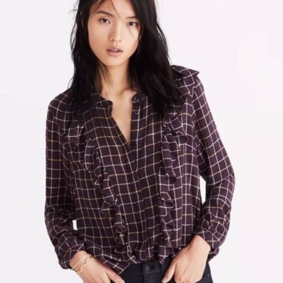 Madewell Purple Plaid Windowpane Ruffle-Front Blouse Classic Preppy - Picture 11 of 11